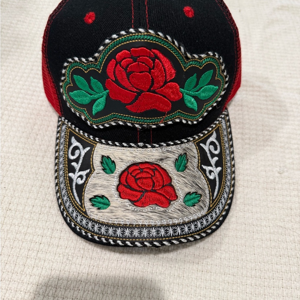 Embroidered Rose Black and Red Cap